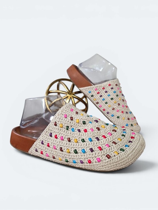 The Sak Shoes - The Sak Bolinas Crochet Clogs Ecru Multi Beaded Mules Slides Boho Size 9